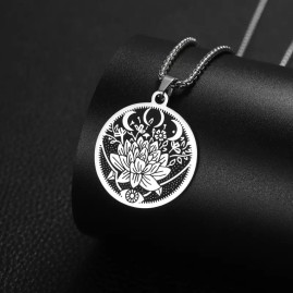 Lotus Flower with Crescent Moons - Stainless Steel Necklace