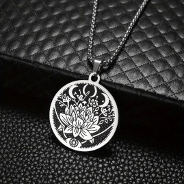 Lotus Flower with Crescent Moons - Stainless Steel Necklace