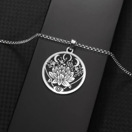 Lotus Flower with Crescent Moons - Stainless Steel Necklace