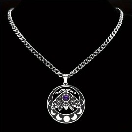 Purple Stone Moth with Moon Phases - Stainless Steel Necklace