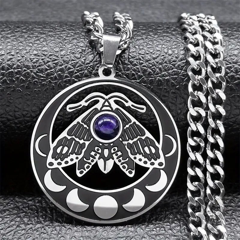 Purple Stone Moth with Moon Phases - Stainless Steel Necklace