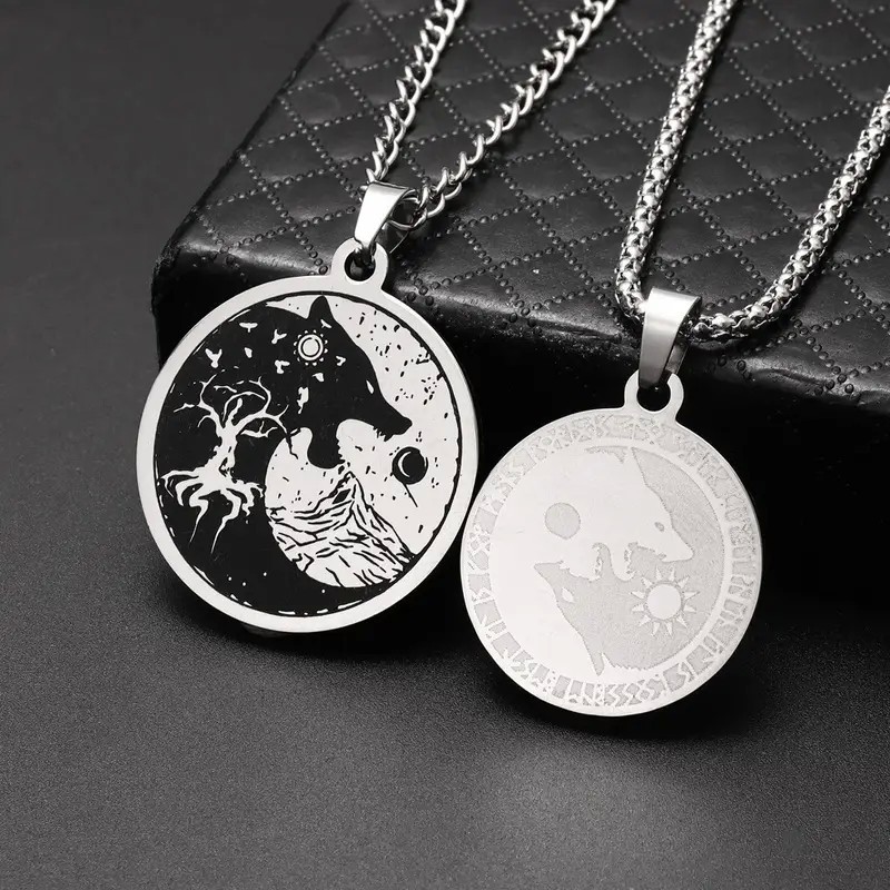 Viking Wolf with Moon and Sun - 2 Piece Stainless Steel Necklace Set