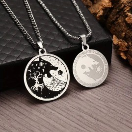 Viking Wolf with Moon and Sun - 2 Piece Stainless Steel Necklace Set