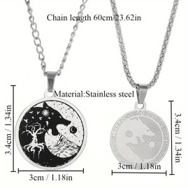 Viking Wolf with Moon and Sun - 2 Piece Stainless Steel Necklace Set